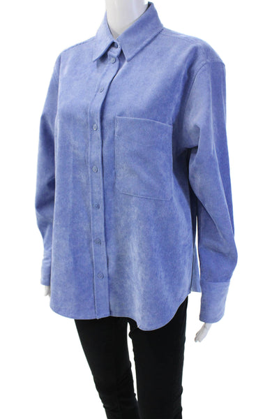 Zara Women Basic Collared Button-Up Long Sleeve Blue Polyester Blend Size M