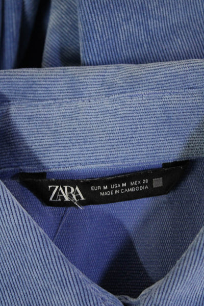 Zara Women Basic Collared Button-Up Long Sleeve Blue Polyester Blend Size M