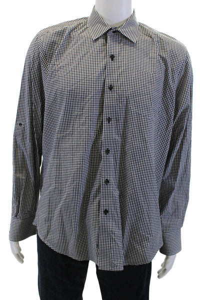 Robert Graham Mens Button Front Collared Gingham Shirt Black White Size Large