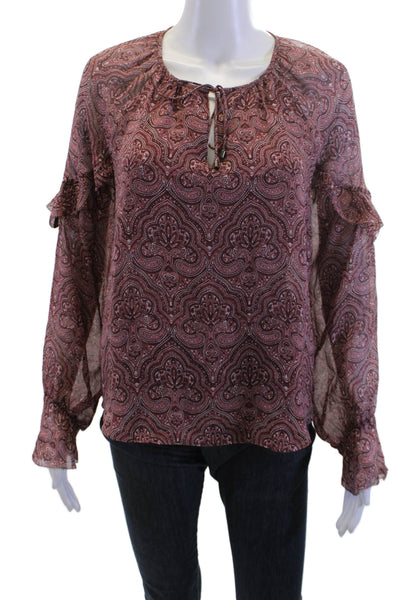 Joie Womens Paisley Silk Tunic Blouse Long Sleeve Tie Neck Brown Size S