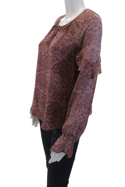 Joie Womens Paisley Silk Tunic Blouse Long Sleeve Tie Neck Brown Size S