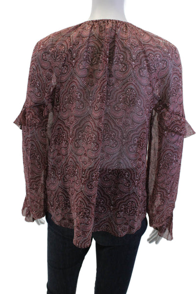 Joie Womens Paisley Silk Tunic Blouse Long Sleeve Tie Neck Brown Size S
