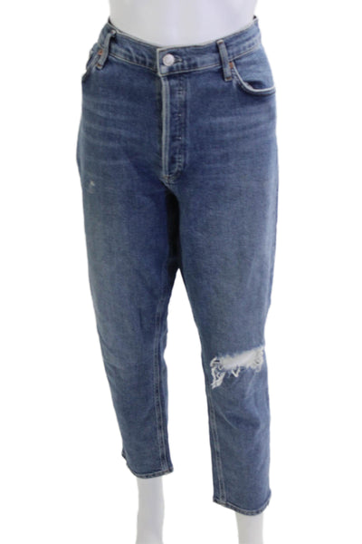 Agolde Women Mom Cropped High Rise Blue Jeans Button Size 31
