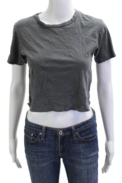 Amo Women Cropped Basic Crew Neck Cotton Short Sleeve T-Shirt Dark Gray Size XS