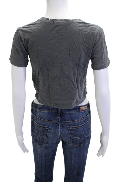 Amo Women Cropped Basic Crew Neck Cotton Short Sleeve T-Shirt Dark Gray Size XS