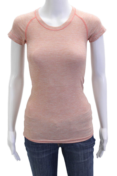 Lululemon Women Basic Short Sleeve T-Shirt Crew Neck Striped Pink Nylon Size XS