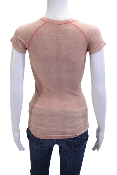 Lululemon Women Basic Short Sleeve T-Shirt Crew Neck Striped Pink Nylon Size XS