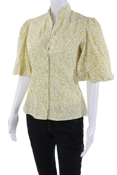 Petersyn Women Blouse White Floral Mock Neck 3/4 Sleeve Button-Up Size S