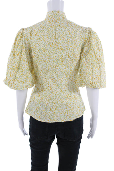 Petersyn Women Blouse White Floral Mock Neck 3/4 Sleeve Button-Up Size S