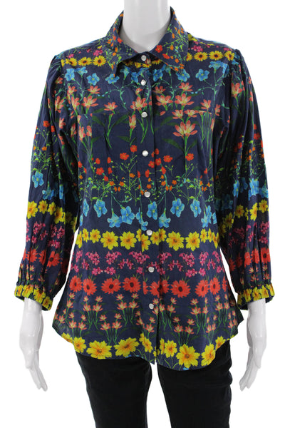 Cara Cara Women Collared Floral Button Up 3/4 Sleeve Dark Blue Blouse Size S