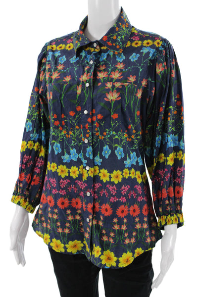 Cara Cara Women Collared Floral Button Up 3/4 Sleeve Dark Blue Blouse Size S