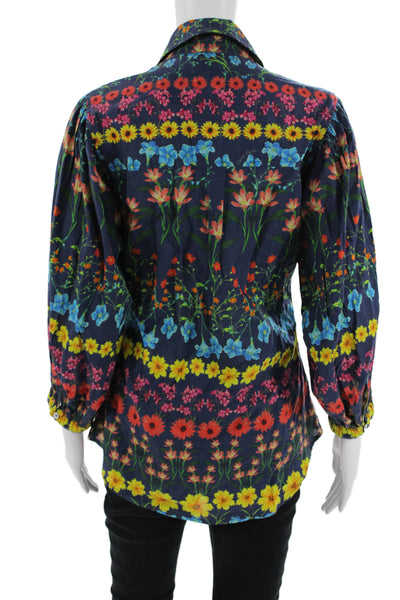 Cara Cara Women Collared Floral Button Up 3/4 Sleeve Dark Blue Blouse Size S
