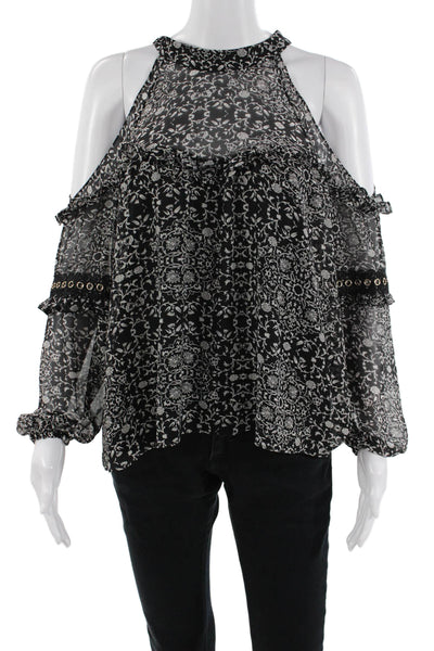Misa Women Black Floral High Neck Long Sleeve Boho Viscose Blouse Size XS