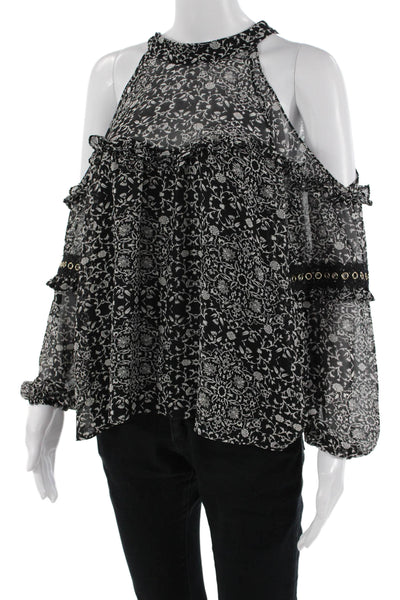Misa Women Black Floral High Neck Long Sleeve Boho Viscose Blouse Size XS