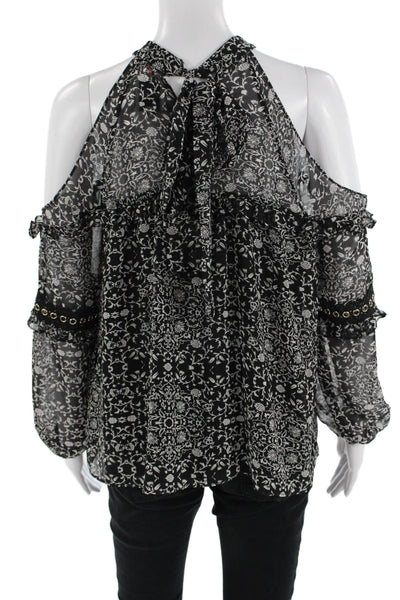 Misa Women Black Floral High Neck Long Sleeve Boho Viscose Blouse Size XS