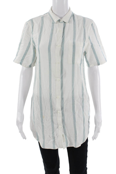 ONIA Womens Striped Button-Up Tunic Short Sleeve White Cotton Size S
