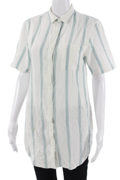 ONIA Womens Striped Button-Up Tunic Short Sleeve White Cotton Size S