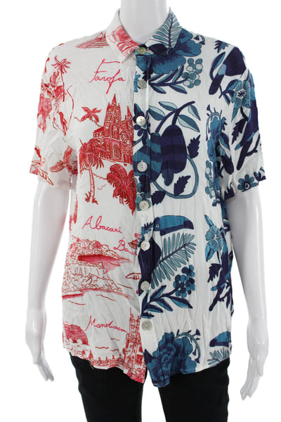 Farm Rio Unisex Button-Down Collared Blue Rayon Bird Short Sleeve Size XS