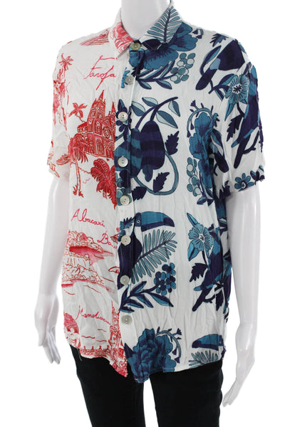 Farm Rio Unisex Button-Down Collared Blue Rayon Bird Short Sleeve Size XS