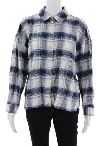 Madewell Women Plaid Collared Long Sleeve Button-Up Top Blue Cotton 90s Size M