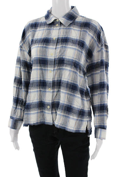 Madewell Women Plaid Collared Long Sleeve Button-Up Top Blue Cotton 90s Size M