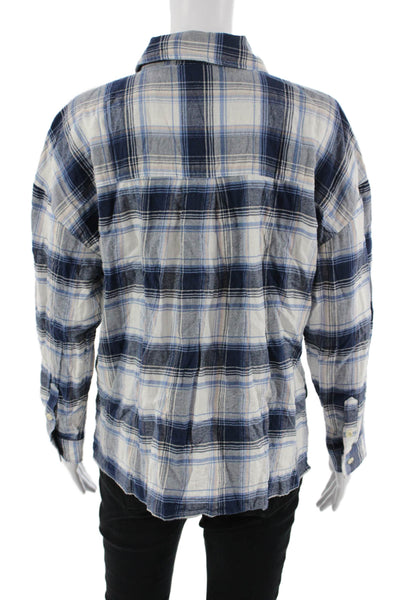 Madewell Women Plaid Collared Long Sleeve Button-Up Top Blue Cotton 90s Size M