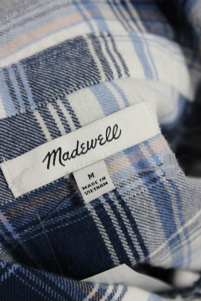 Madewell Women Plaid Collared Long Sleeve Button-Up Top Blue Cotton 90s Size M