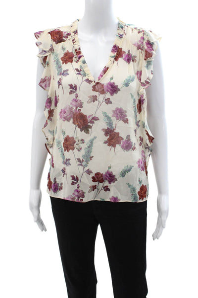 Paige Womens Silk Floral V-Neck Sleeveless Blouse Beige Size XS