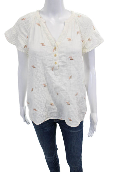 Madewell Women Boho White Cotton VNeck Button Blouse Short Sleeve Size S