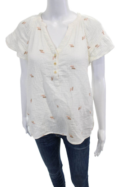 Madewell Women Boho White Cotton VNeck Button Blouse Short Sleeve Size S