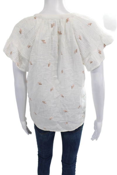 Madewell Women Boho White Cotton VNeck Button Blouse Short Sleeve Size S