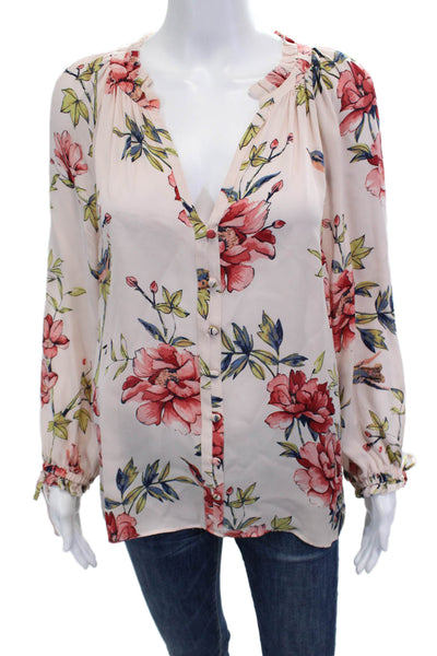 Joie Women Silk Floral V-Neck Long Sleeve Button-Up Blouse Beige Size L