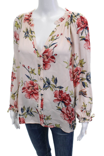 Joie Women Silk Floral V-Neck Long Sleeve Button-Up Blouse Beige Size L