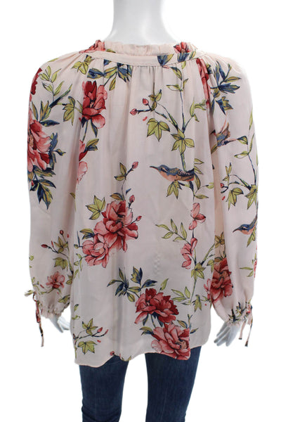 Joie Women Silk Floral V-Neck Long Sleeve Button-Up Blouse Beige Size L