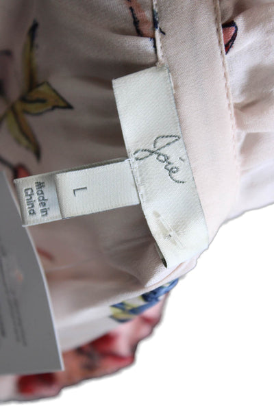 Joie Women Silk Floral V-Neck Long Sleeve Button-Up Blouse Beige Size L