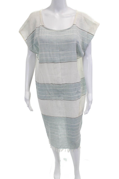 Sabahar Womens Kaftan Dress Light Blue Striped Cotton Knee Length Size One Size
