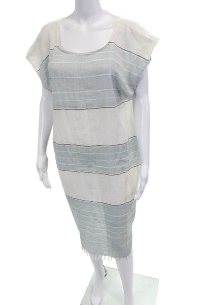 Sabahar Womens Kaftan Dress Light Blue Striped Cotton Knee Length Size One Size