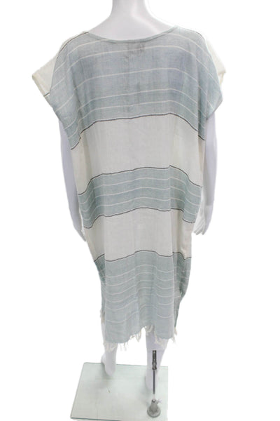 Sabahar Womens Kaftan Dress Light Blue Striped Cotton Knee Length Size One Size