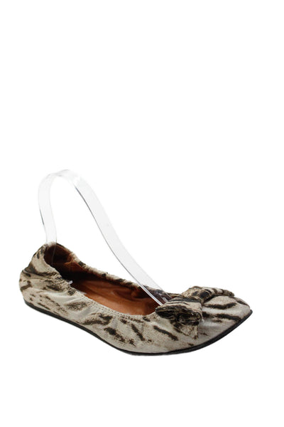 Lanvin Womens Slip On Animal Printed Bow Ballet Flats Brown Canvas Size 38