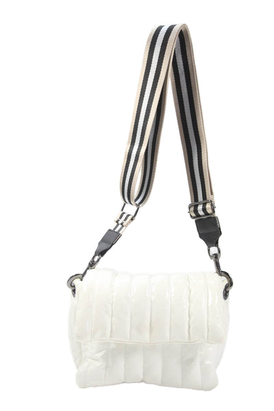 Think Royln Womens Striped Strap Quilted Small Flap Shoulder Handbag White