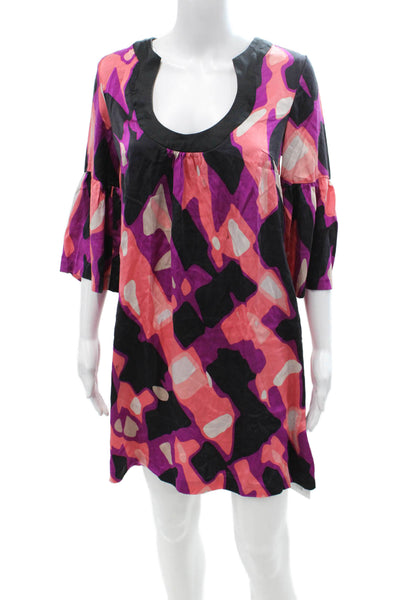 Trina Turk Womens Shift Dress Black Silk 3/4 Sleeve Knee Geometric Size 8