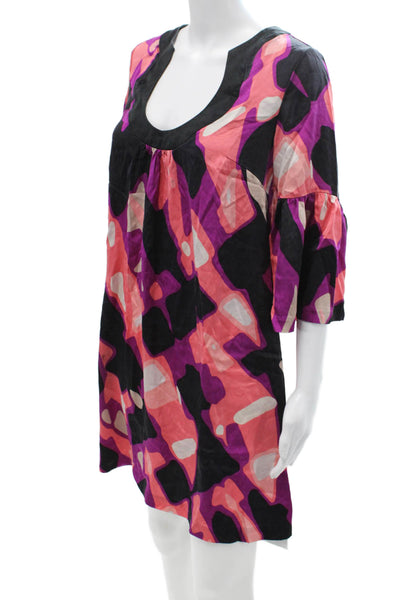 Trina Turk Womens Shift Dress Black Silk 3/4 Sleeve Knee Geometric Size 8