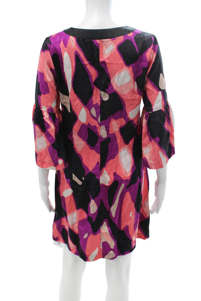 Trina Turk Womens Shift Dress Black Silk 3/4 Sleeve Knee Geometric Size 8