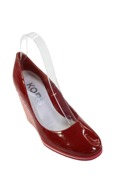 KORS Michael Kors Women's Round Toe Striped Wedge Heels Shoes Red Size 7