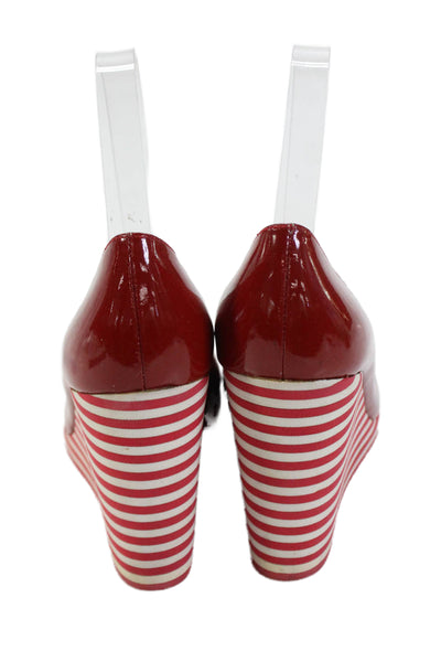 KORS Michael Kors Women's Round Toe Striped Wedge Heels Shoes Red Size 7