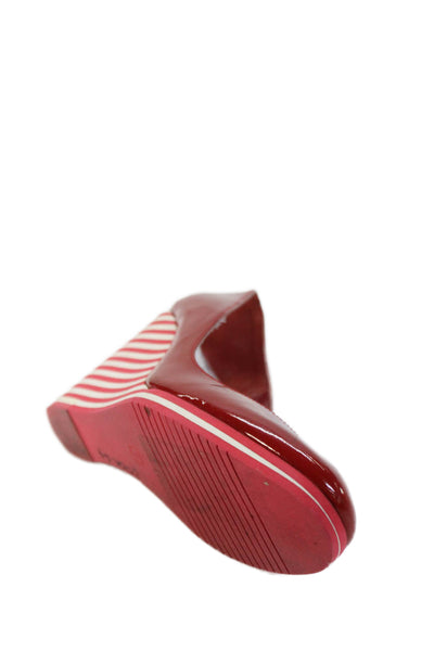 KORS Michael Kors Women's Round Toe Striped Wedge Heels Shoes Red Size 7