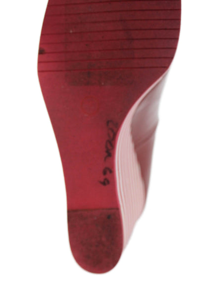 KORS Michael Kors Women's Round Toe Striped Wedge Heels Shoes Red Size 7