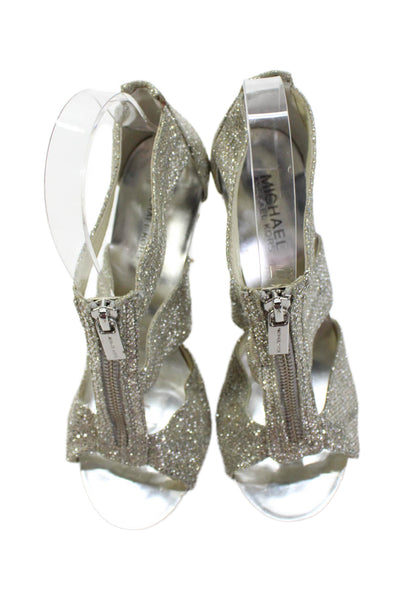 Michael Michael Kors Womens Open Toe Zip Sparkle Heels Sandals Silver Size 7