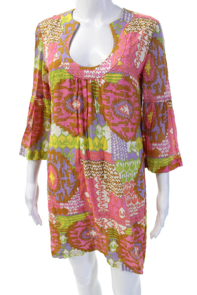 Trina Turk Womens Green Geometric Cotton Kaftan Shift Dress 3/4 Sleeve Size 6
