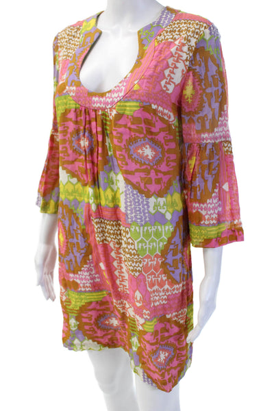 Trina Turk Womens Green Geometric Cotton Kaftan Shift Dress 3/4 Sleeve Size 6